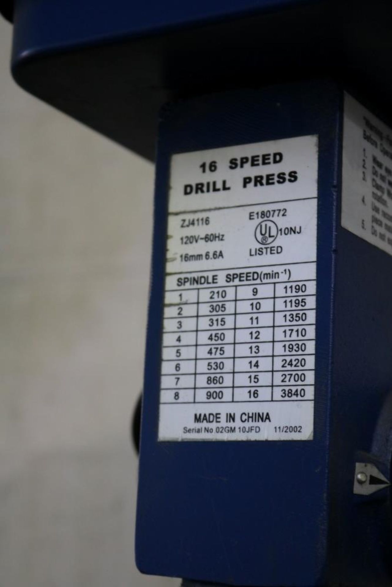 2002 Drill Press on Stand, 16 Speed, 120V, 3840 RPM, SN 02GM10JFD with 16mm Chuck and 3" Vice - Image 5 of 7