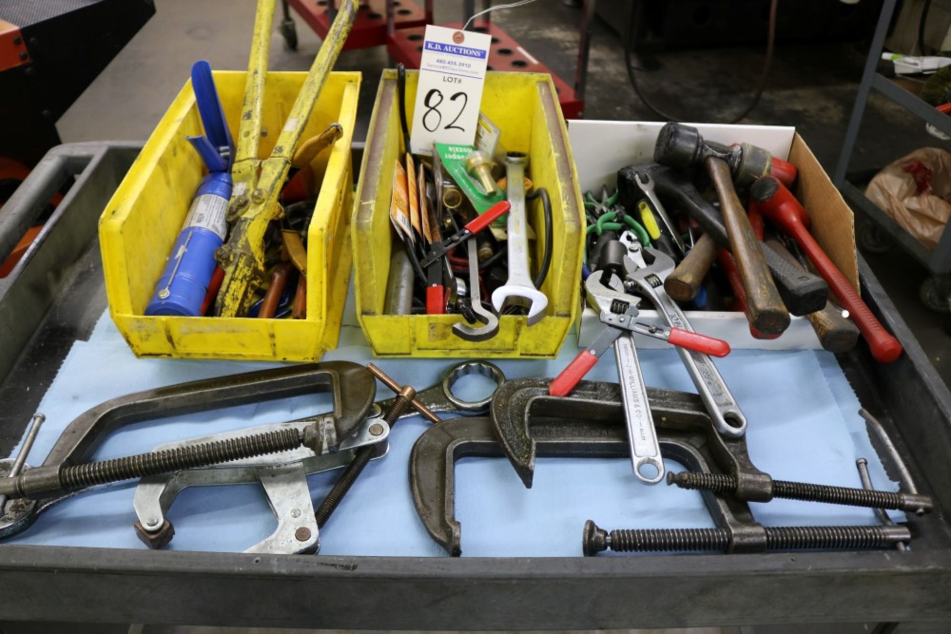 2 Bins and 1 Box of Assorted Hammers, Pliers, Exacto Knives, Wrenches, Snippers, 8" C-Clamps and - Image 7 of 7