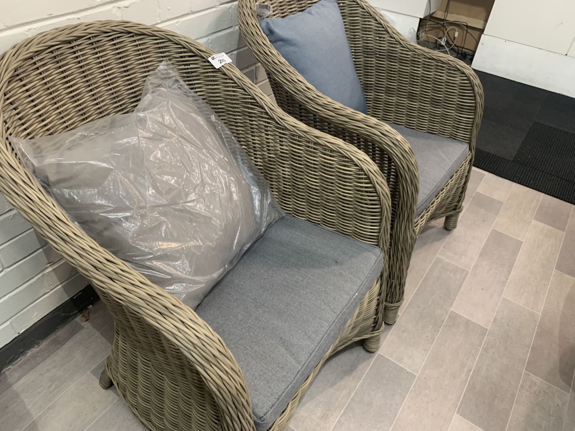 A Pair of Maze Rattan curved back woven arm chairs with cushions - Image 2 of 3