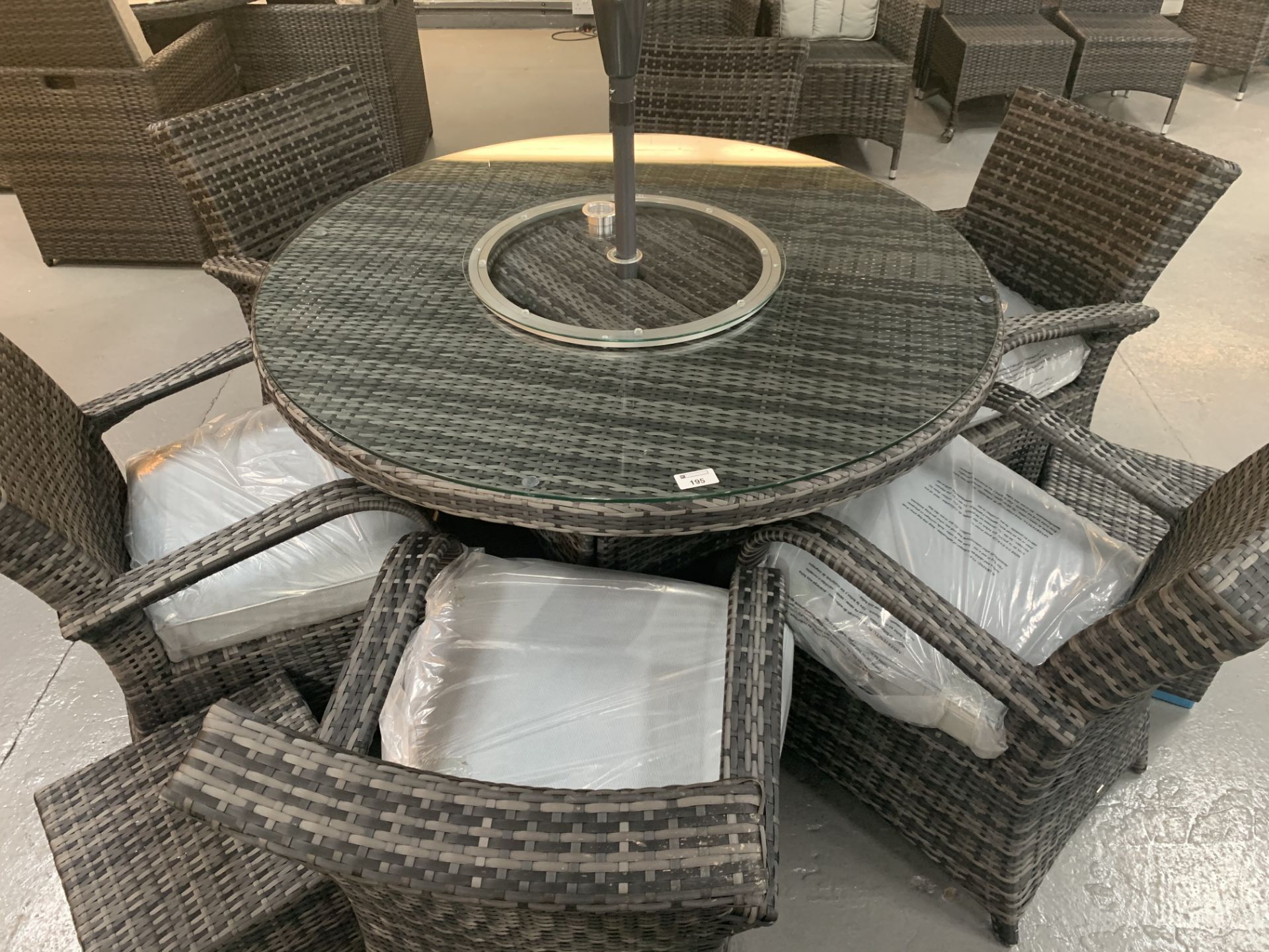 Maze Rattan Grey Patio Dining Suite - table, 6 arm chairs, 2 stools and umbrella - Image 2 of 5