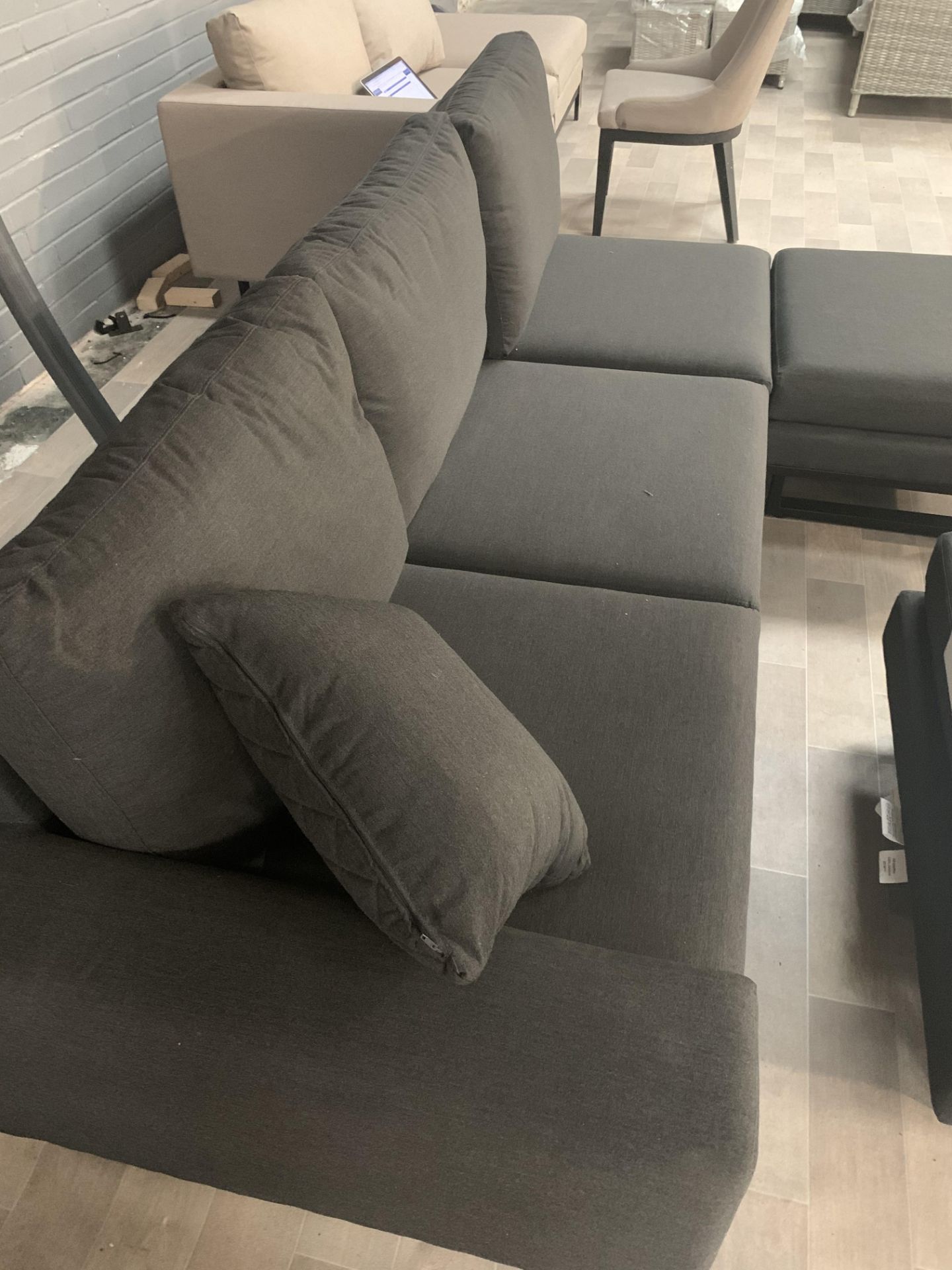 Maze Rattan dark grey patio sofa set - arm chair and 2 x cushion stools/tables - Image 3 of 7