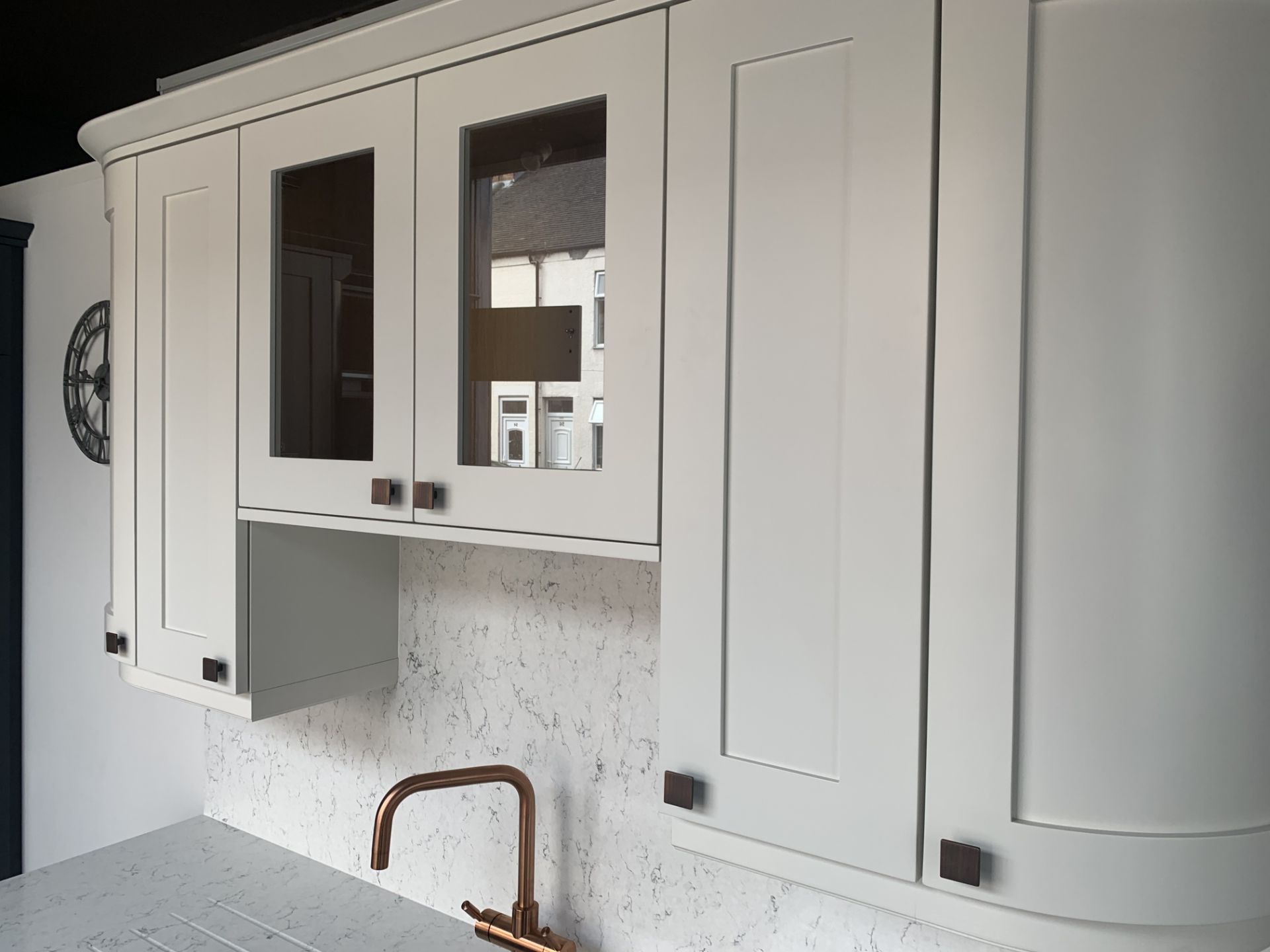 Shaker kitchen pantry with fridge and freezer, sink cabinets below and above with boiler tap - Image 10 of 18