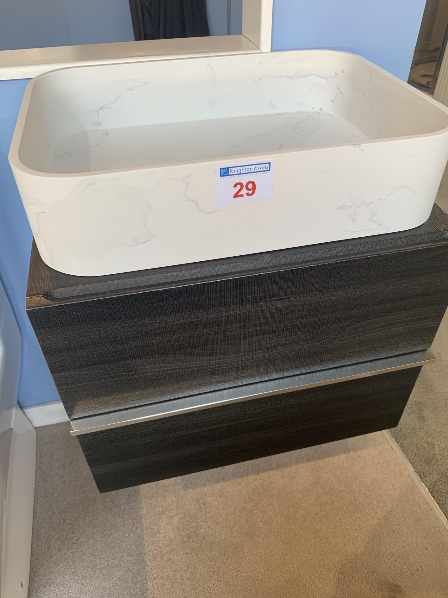 Silestone marble effect style basin on floating two drawer unit, 55w x 43d
