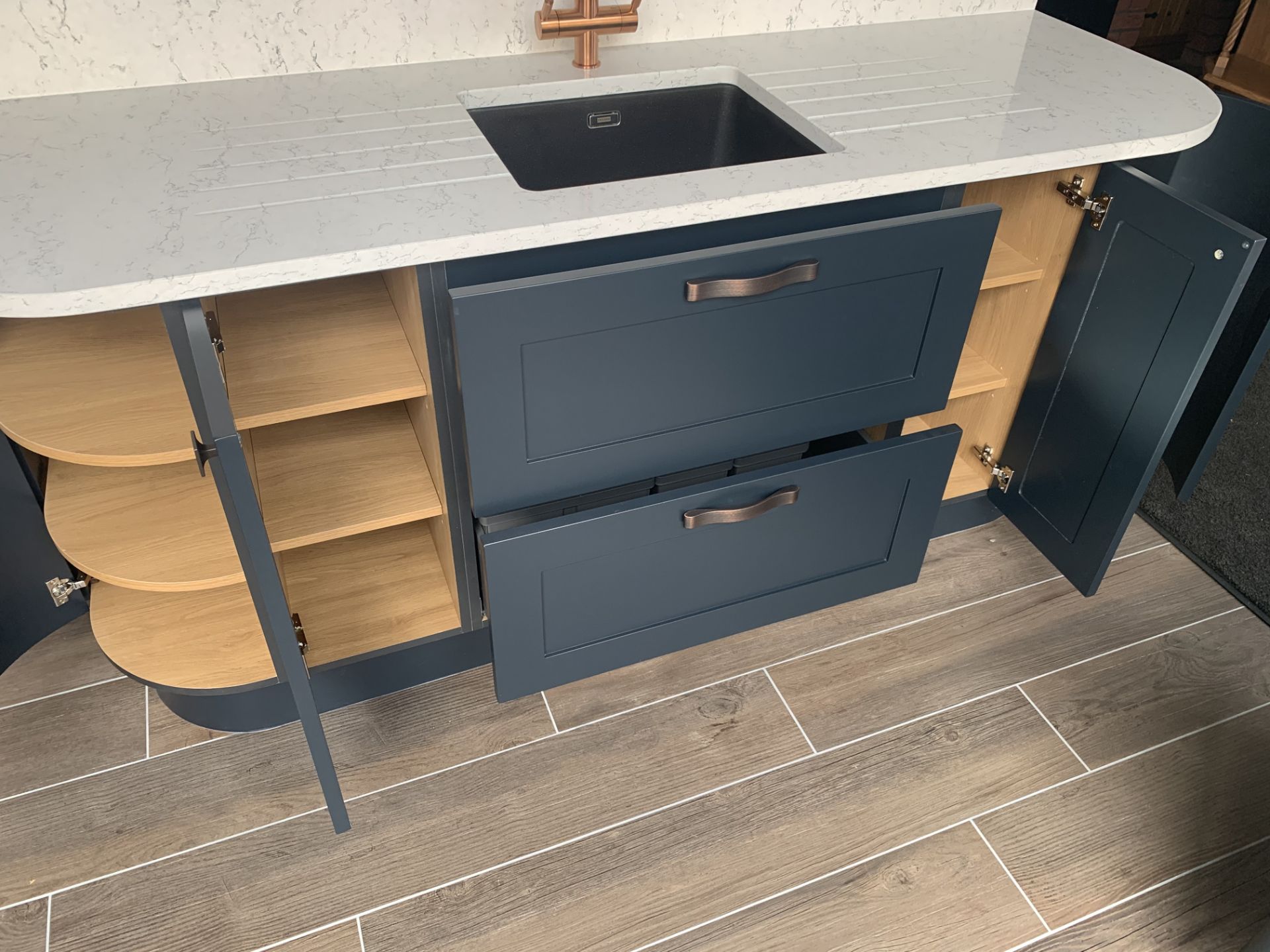 Shaker kitchen pantry with fridge and freezer, sink cabinets below and above with boiler tap - Image 11 of 18