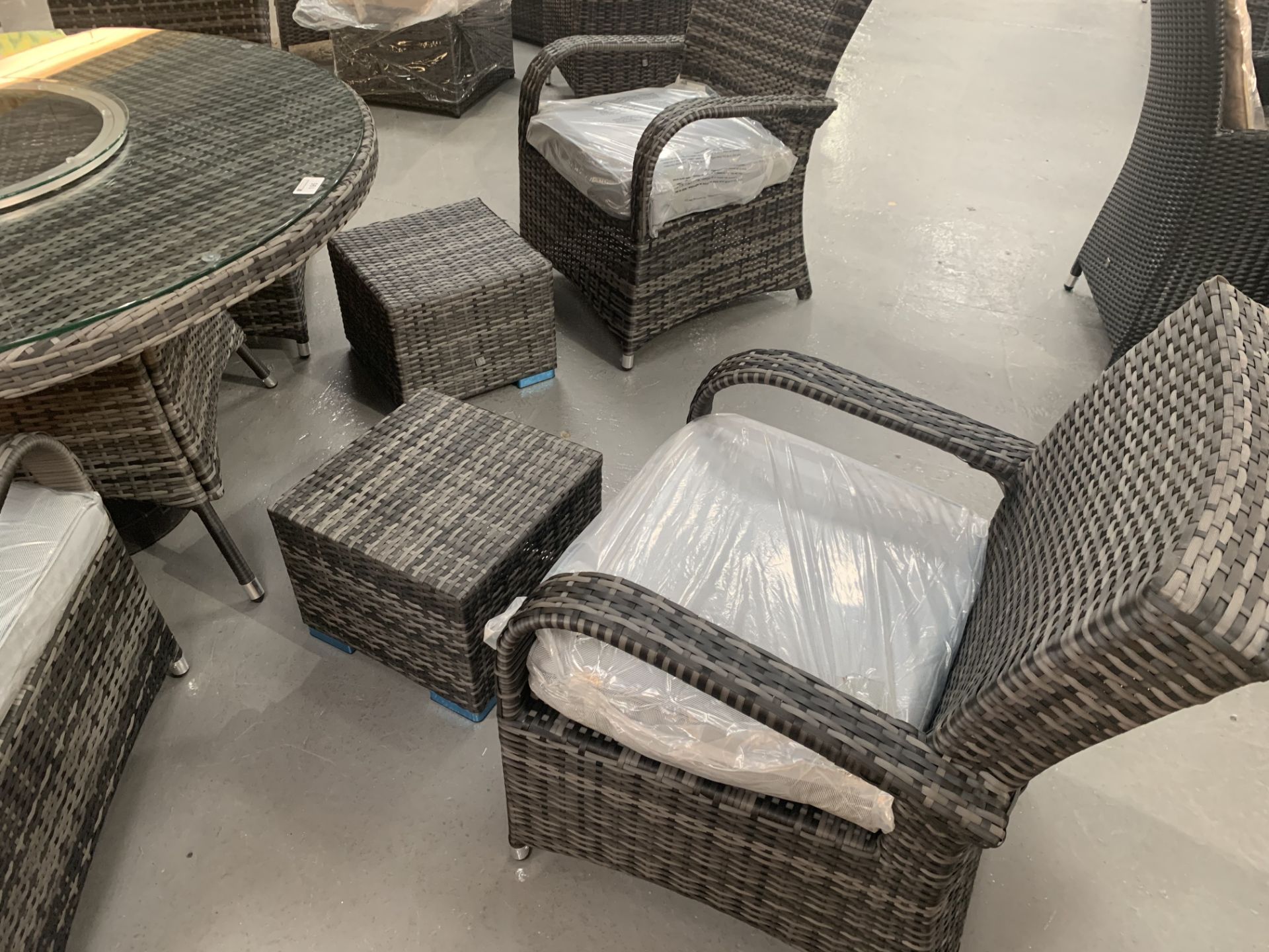 Maze Rattan Grey Patio Dining Suite - table, 6 arm chairs, 2 stools and umbrella - Image 3 of 5