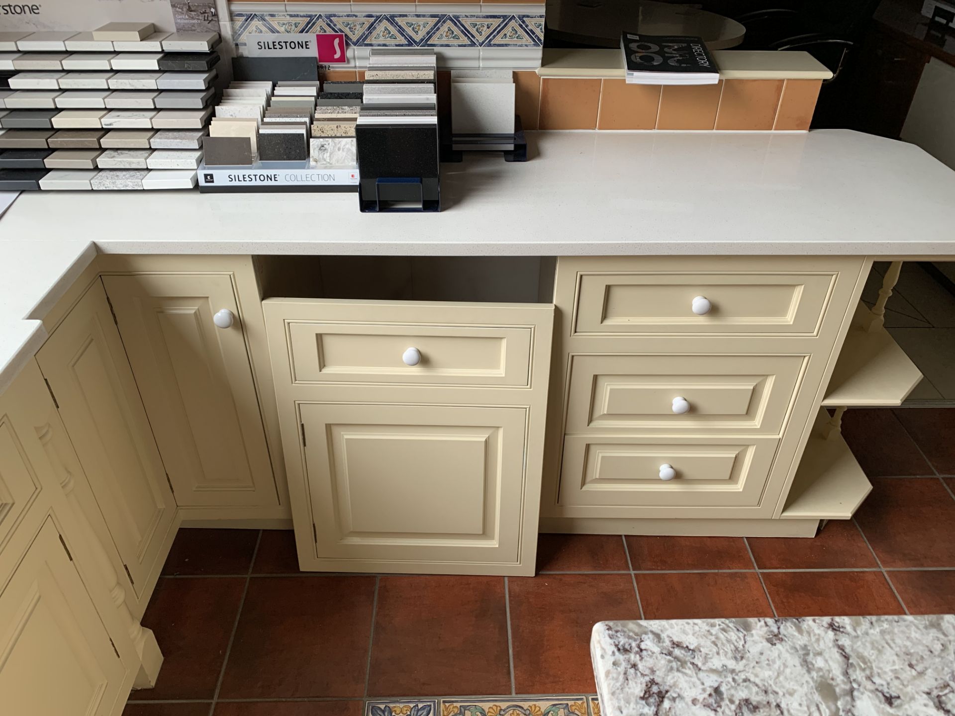 Traditional L-shaped cream kitchen Kohler ceramic sink overhead blue painted cupboard photos follow - Image 4 of 5