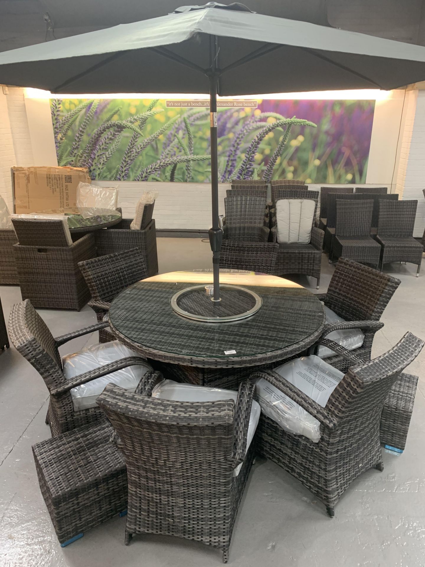 Maze Rattan Grey Patio Dining Suite - table, 6 arm chairs, 2 stools and umbrella