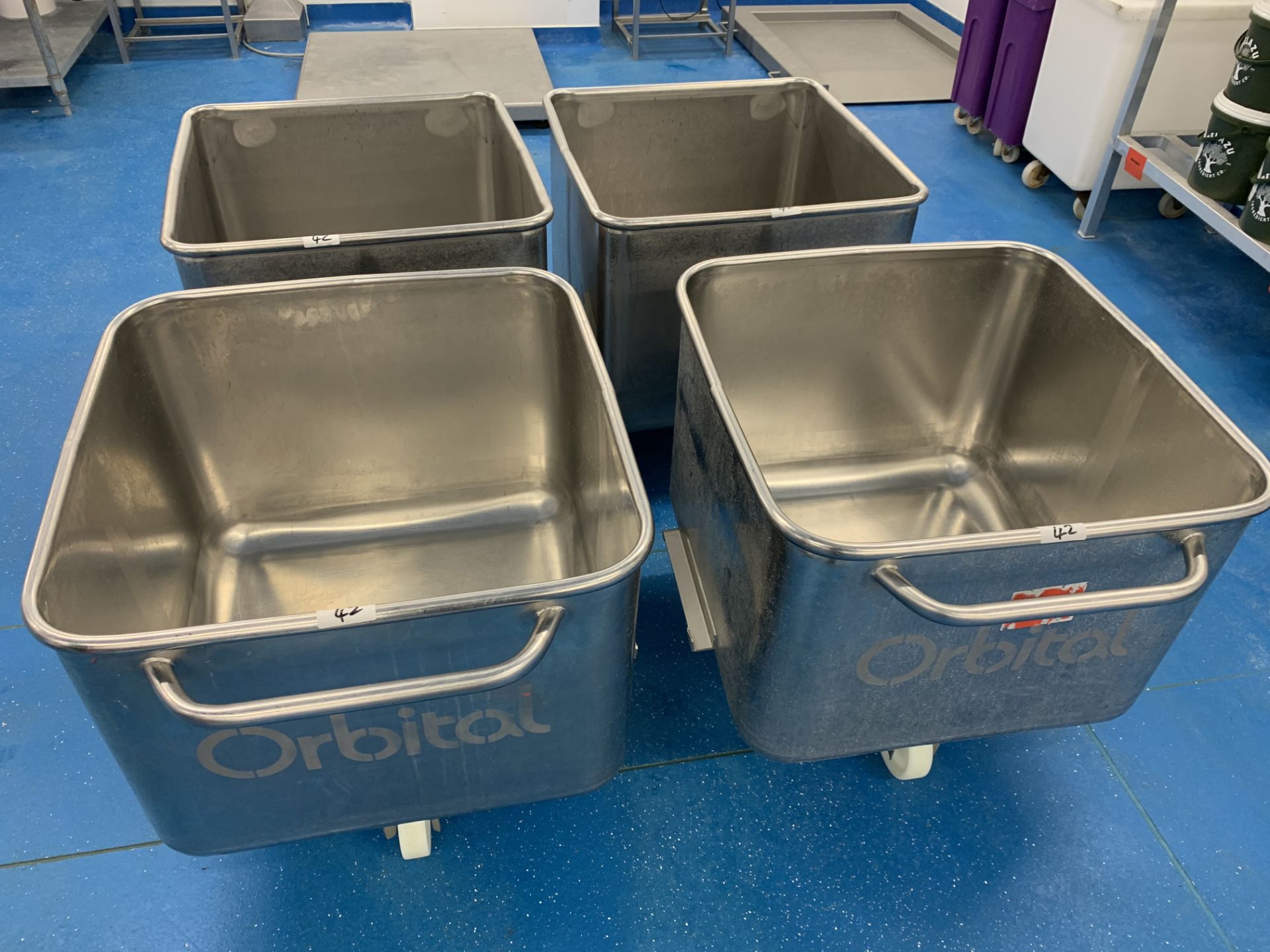 4 x Orbital stainless steel Tote Bins 670 x 670 x 50 mm