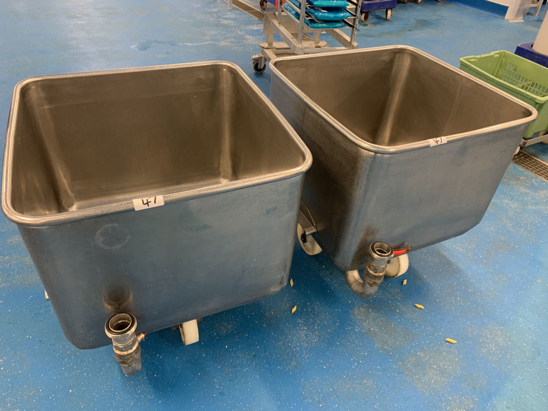 2 x Orbital stainless steel Tote Bins 670 x 670 x 50 mm fitted with drainer pipe
