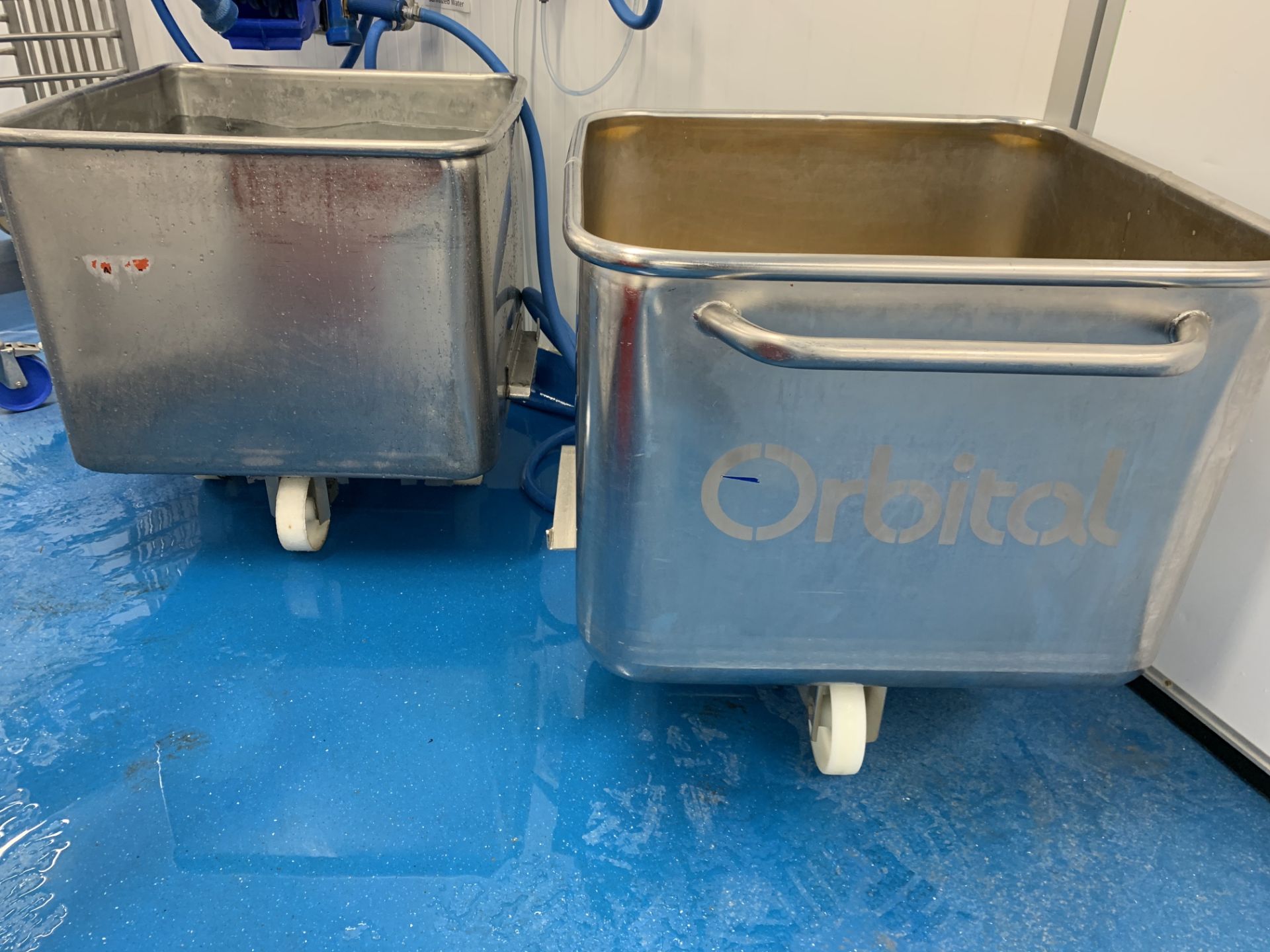 2 x Orbital stainless steel Tote Bins 670 x 670 x 50 mm