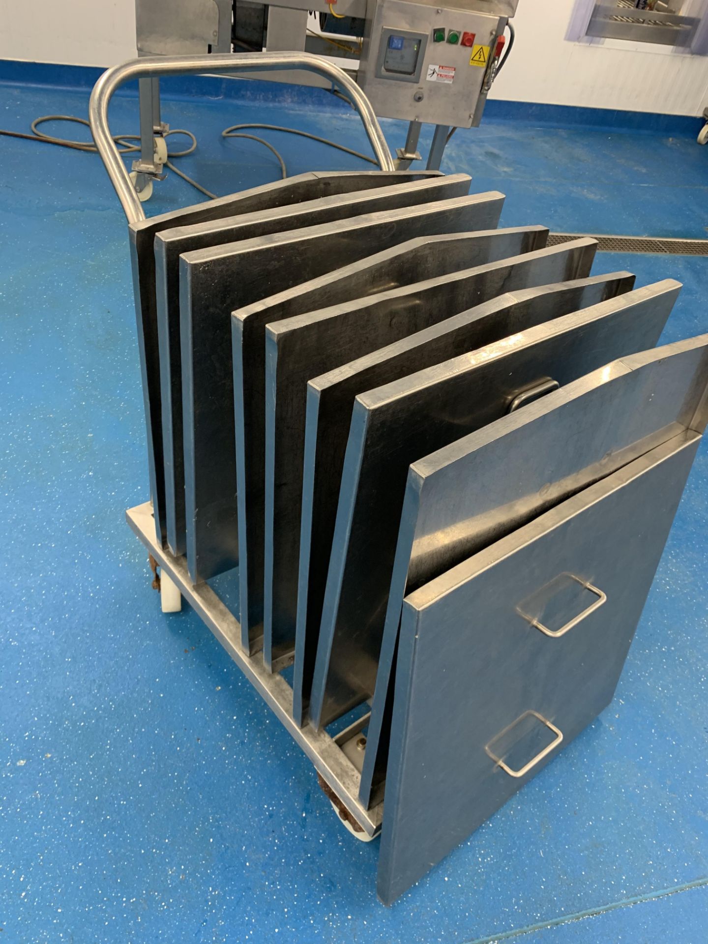 9 x stainless steel Orbital Tote Bin lids on custom trolley