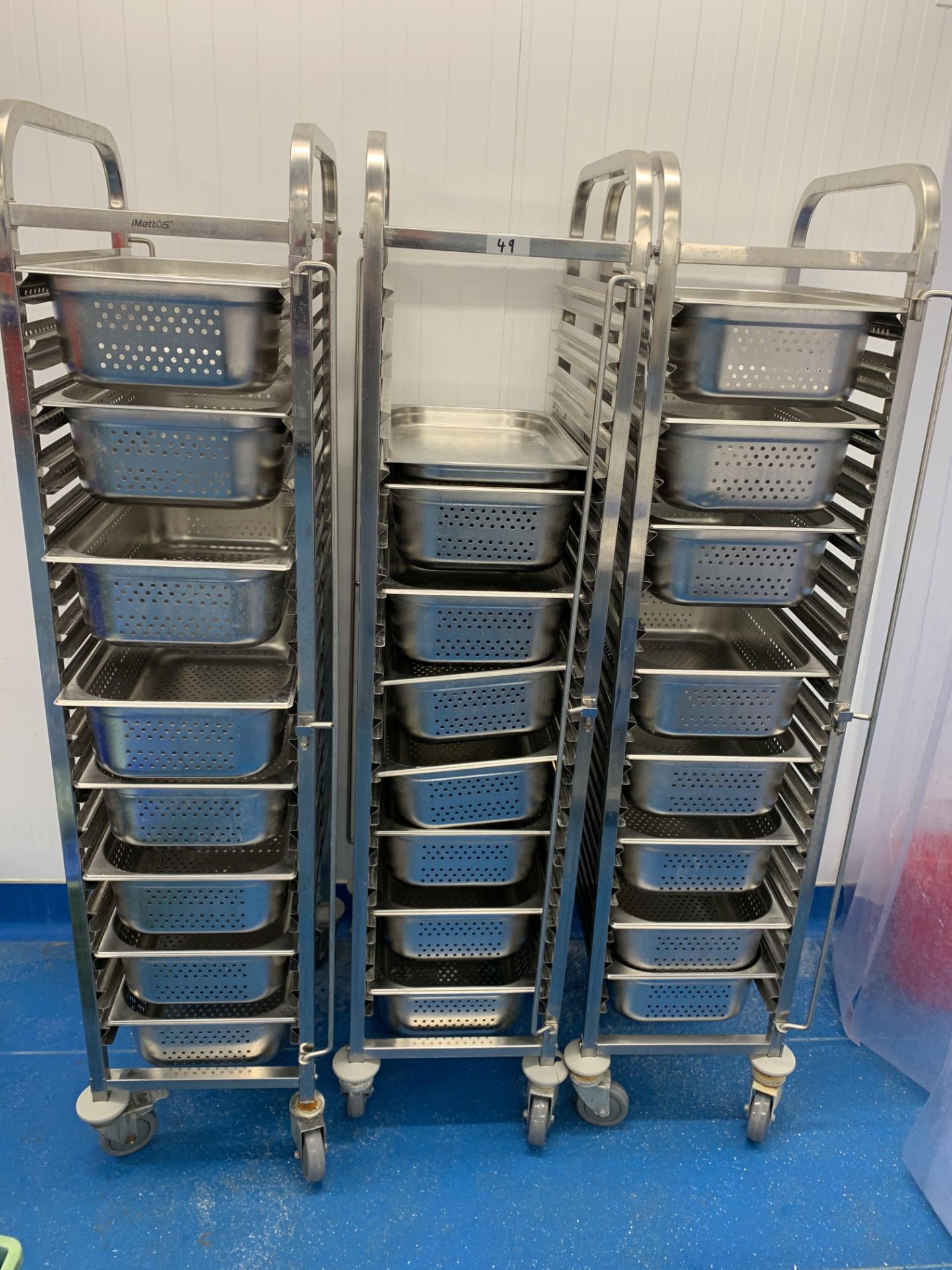 3 x Metos stainless steel rack trolleys with 23 drainers and 1 tray