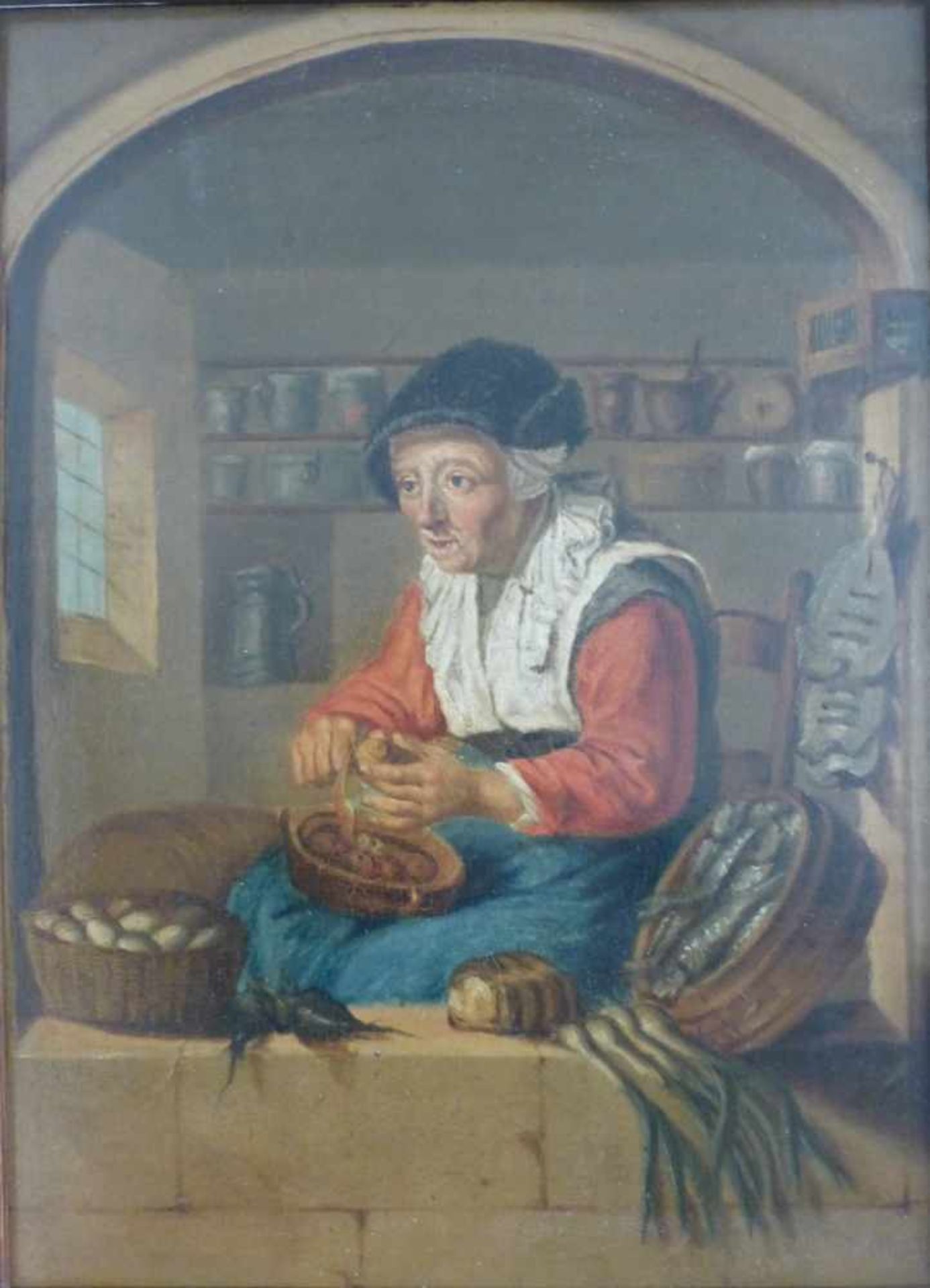 Holländischer Genremaler, um 1800, Gemälde Öl/Holz i.R., "Bei der Krämerin", eine<br