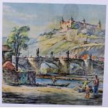 Grafik - Würzburg, Ansicht der Alten Mainbrücke mit Festung Marienberg, 1960er Jahre, u.PP<b