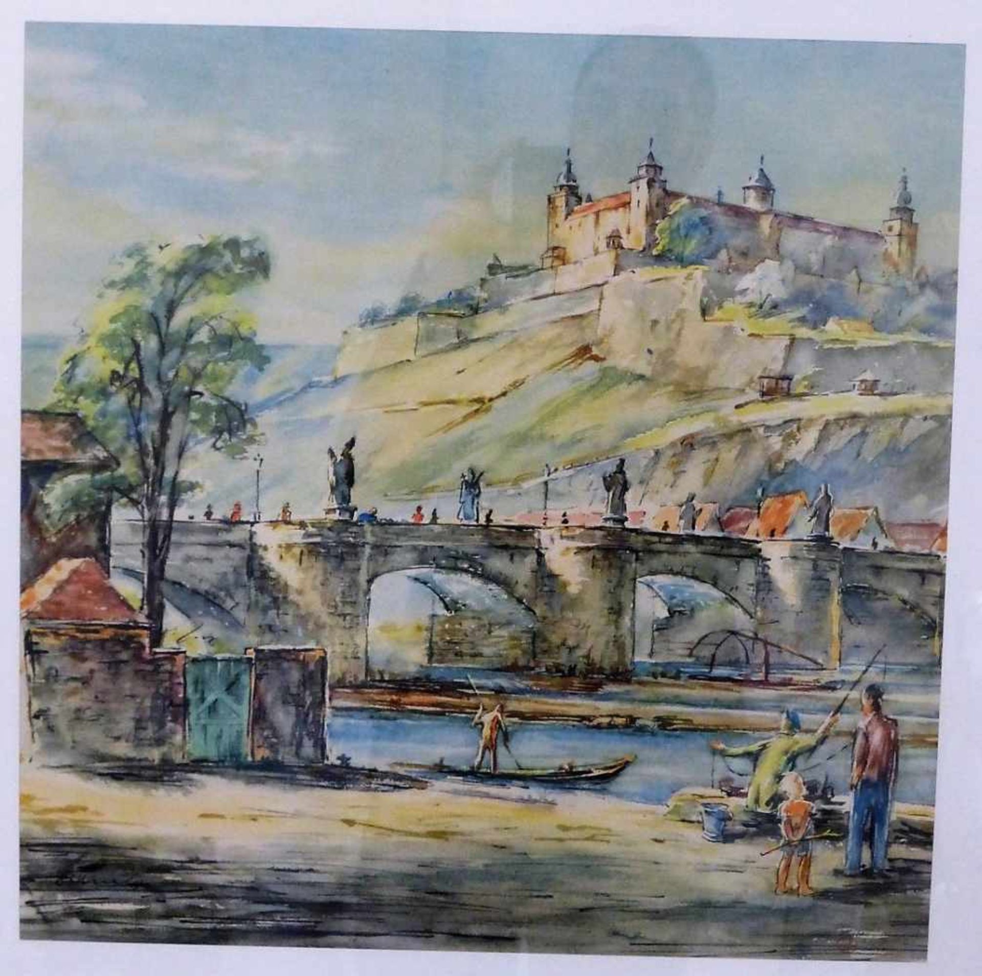Grafik - Würzburg, Ansicht der Alten Mainbrücke mit Festung Marienberg, 1960er Jahre, u.PP<b