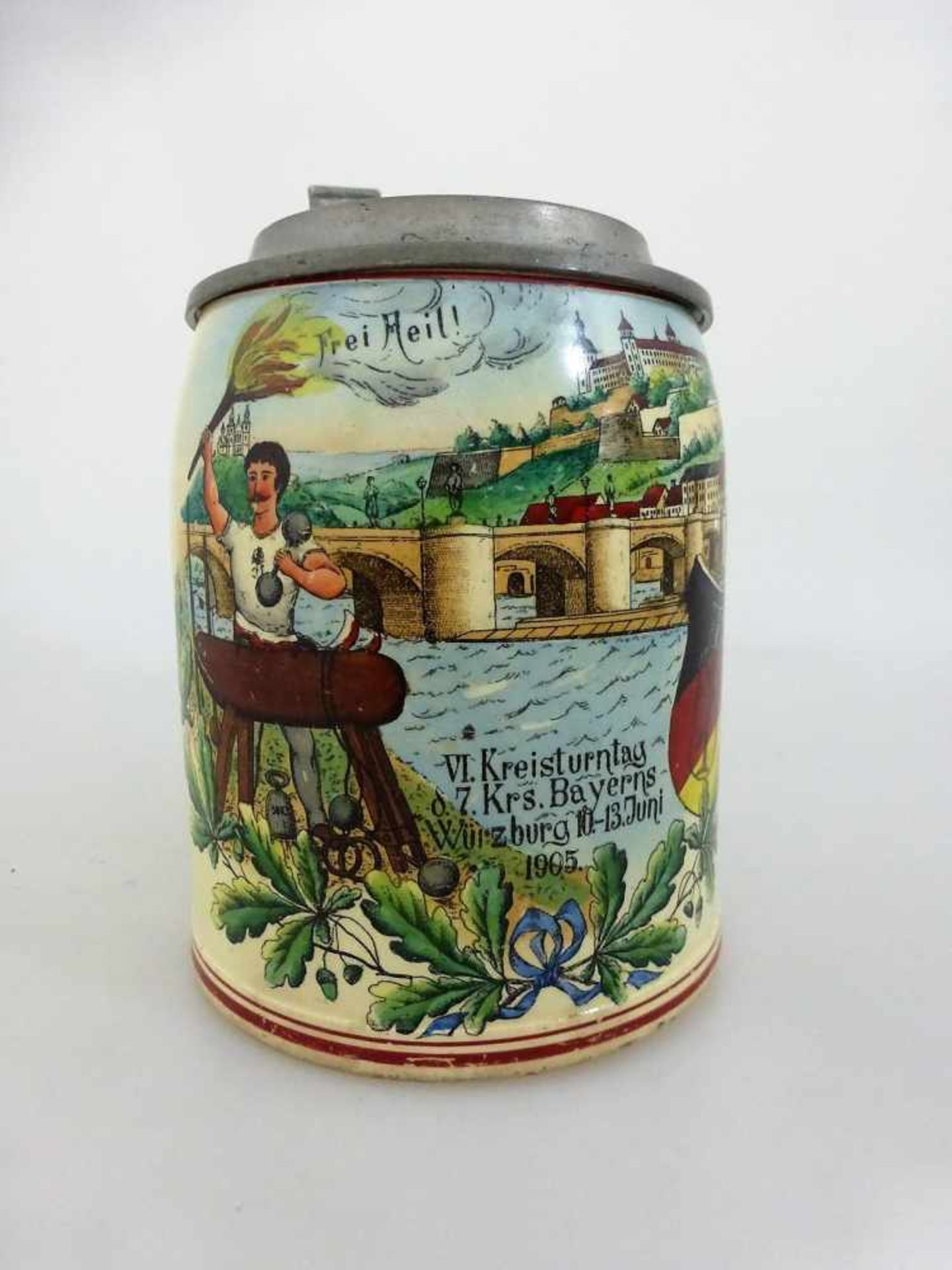 Bierkrug - VI. Kreisturntag Würzburg 1905, gravierter Zinndeckel, 0,5l., min. gechipt,<