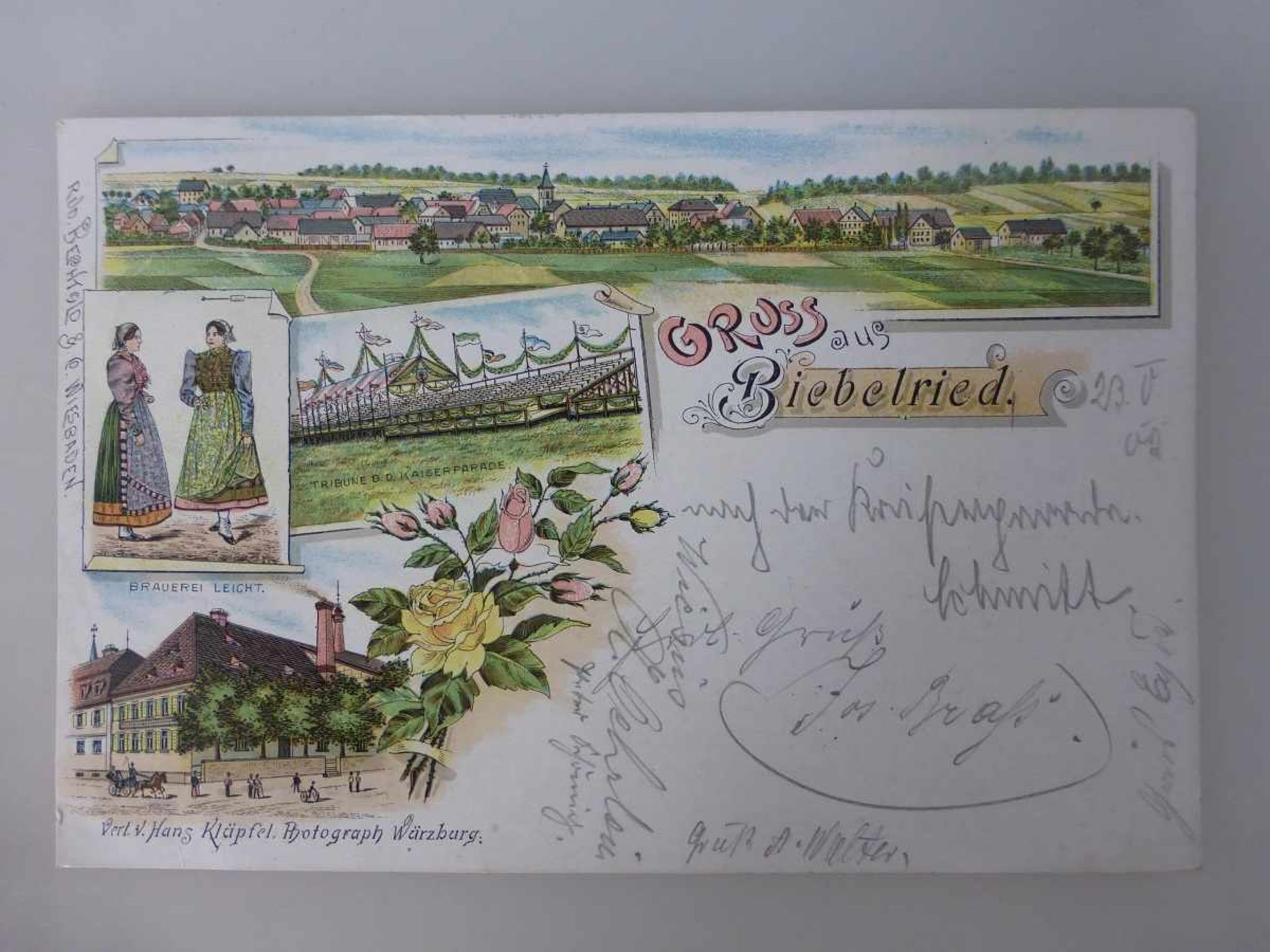 Postkarte - Litho - Gruß aus Biebelried / Unterfranken, Brauerei Leicht, gel. 1902