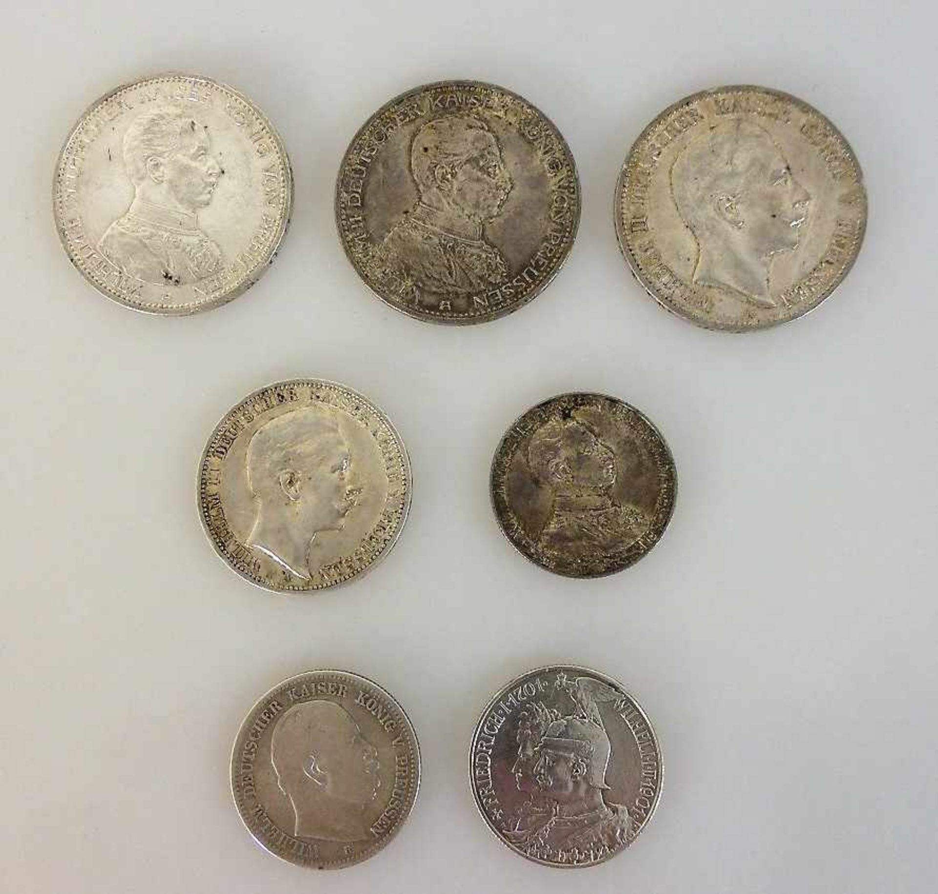 Kaiserreich Preussen, 7 Silbermünzen, 2 Mark 1876 (Jaeger 96), 2 Mark 1901 (J105), 5 Mark<