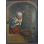 Holländischer Genremaler, um 1800, Gemälde Öl/Holz i.R., "Bei der Krämerin", Frau bietet<br