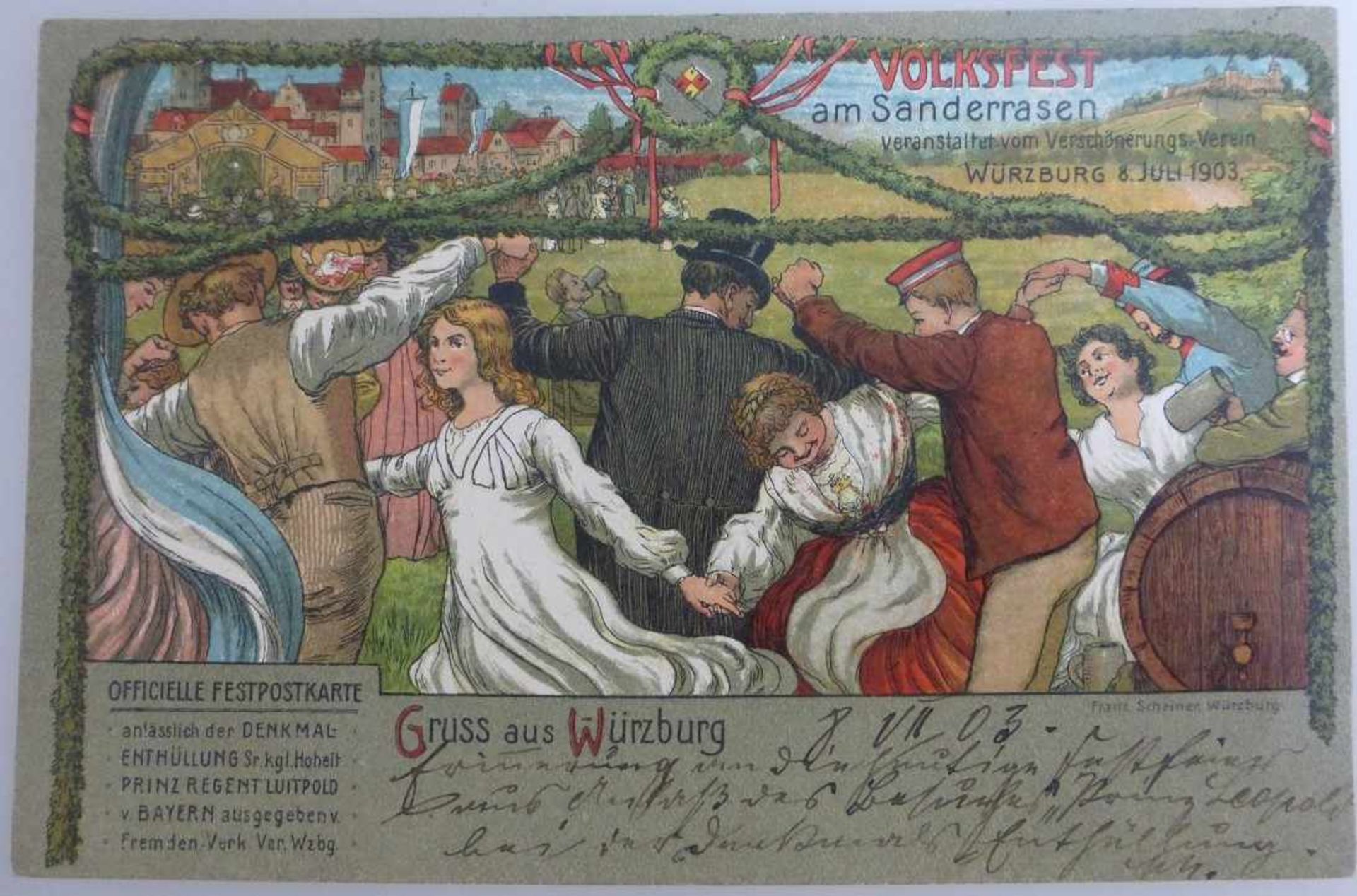 Festpostkarte Würzburg, Kiliani Sanderrasen 1903, Scheiner Verlag, gel.