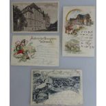 4 Postkarten Würzburg Gesangverein, u.a. Festkarte zum Stiftungsfest 1897, Wappenkarte m.<