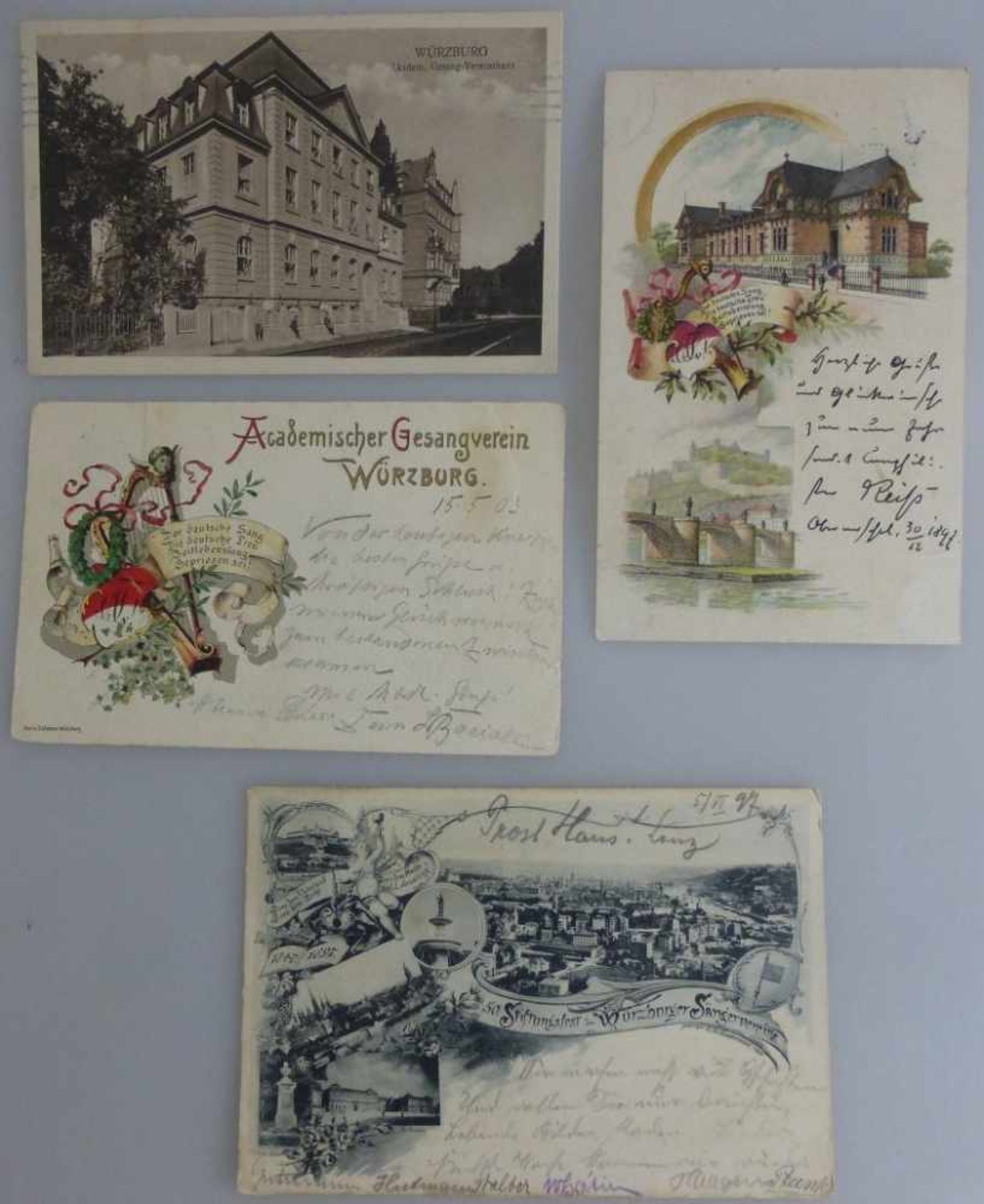 4 Postkarten Würzburg Gesangverein, u.a. Festkarte zum Stiftungsfest 1897, Wappenkarte m.<