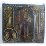 Bleiverglastes Fenster, 19.Jh., Darstellung eines Heiligen mit Kirche, min. Altersschäden,<