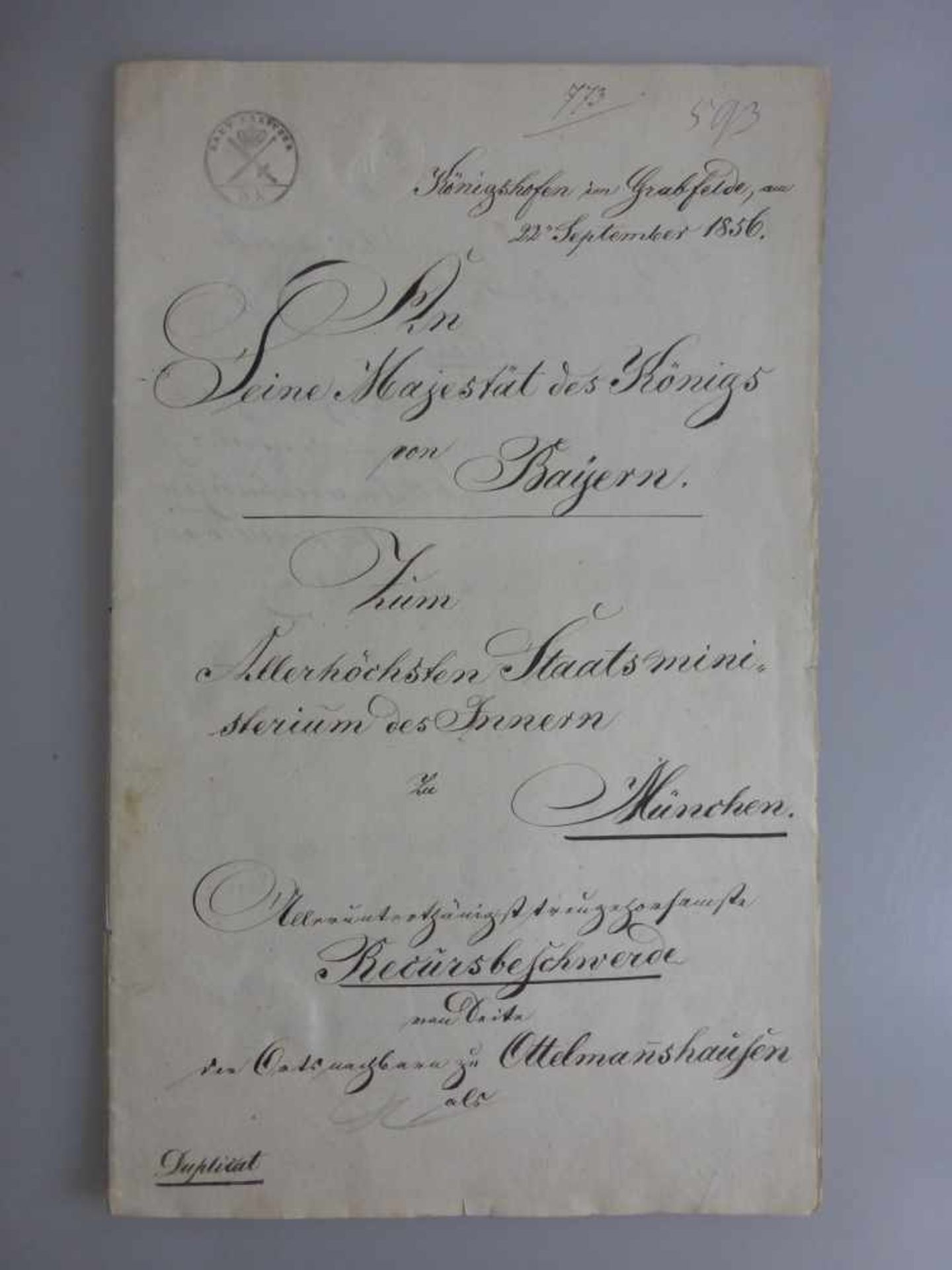 Deutsche Urkunde, dat. 1856, handschriftliche Urkunde, Ottelmannshausen / Herbstadt -