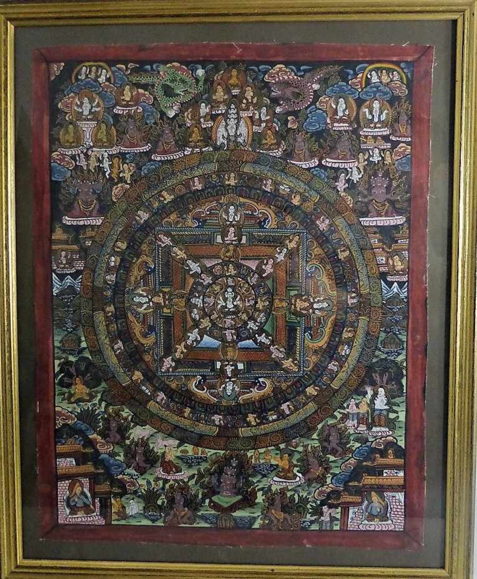 Thangka, Tibet 1.H.20.Jh., Buddha - Darstellungen, Seide / Gouache, i.R. 54cm x 44cm