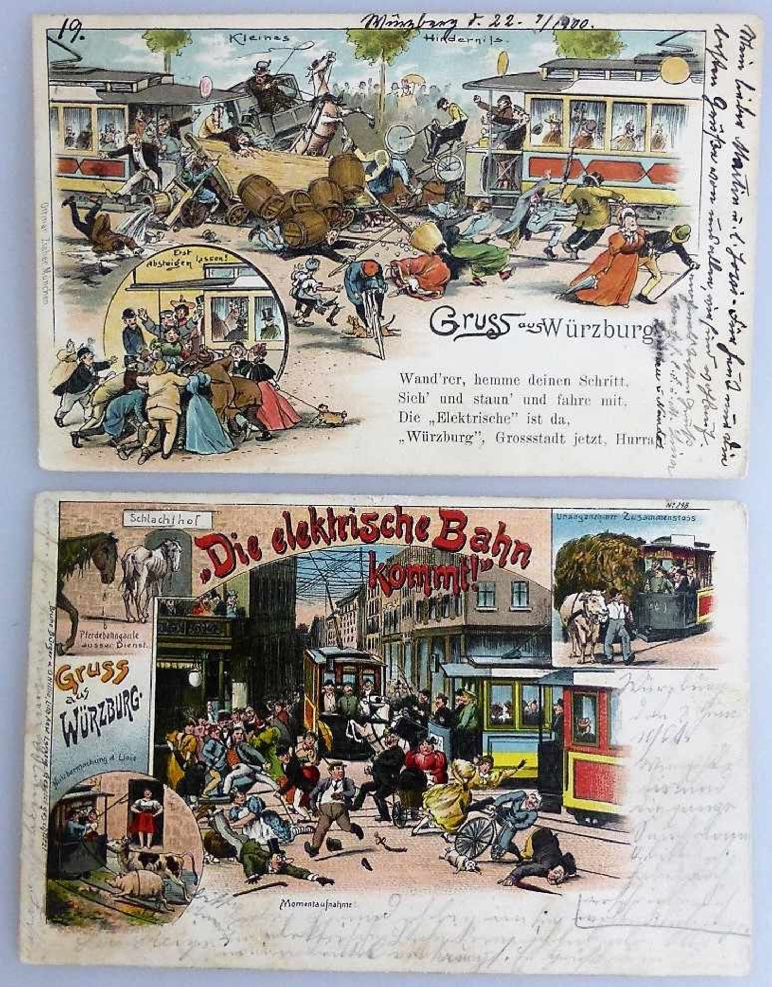 2 Postkarten "Gruss aus Würzburg - die elektrische Bahn kommt", gel.