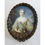 Miniatur um 1800, junge Dame mit Blumen vor Landschaft, im Messingrahmen der Zeit,11cm x