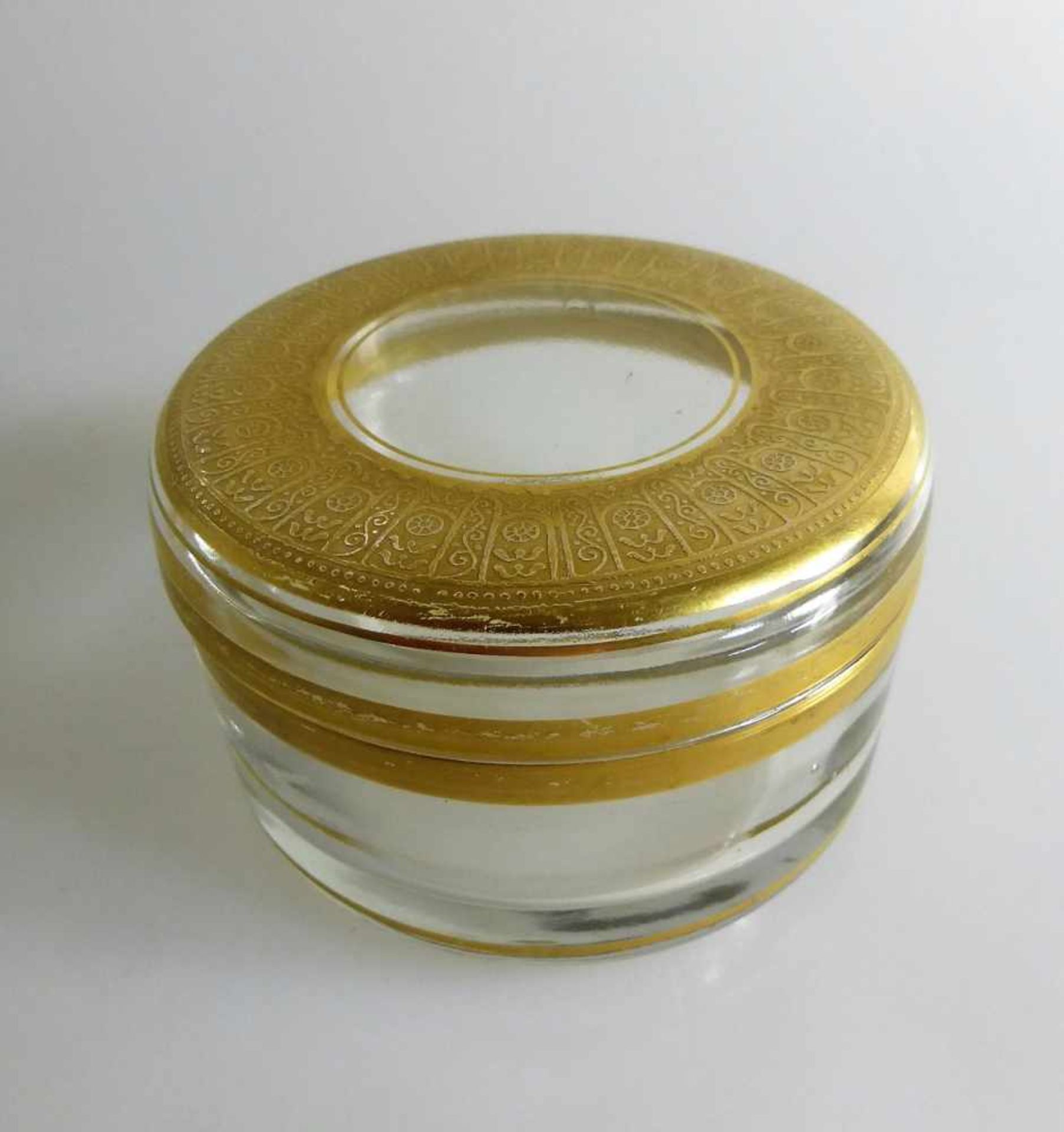 Glasdeckeldose, Golddekor, h. 5,5cm, d. 8,5cm