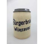 Bierkrug - "Bürgerbräu Würzburg" m. Zinndeckel, dieser grav. m. Ansicht der Brauerei,<br