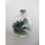 Snuffbottle, China, 20.Jh., Glas mit Innenmalerei, Landschaft und Kranich Dekor, h. 7,5cm,