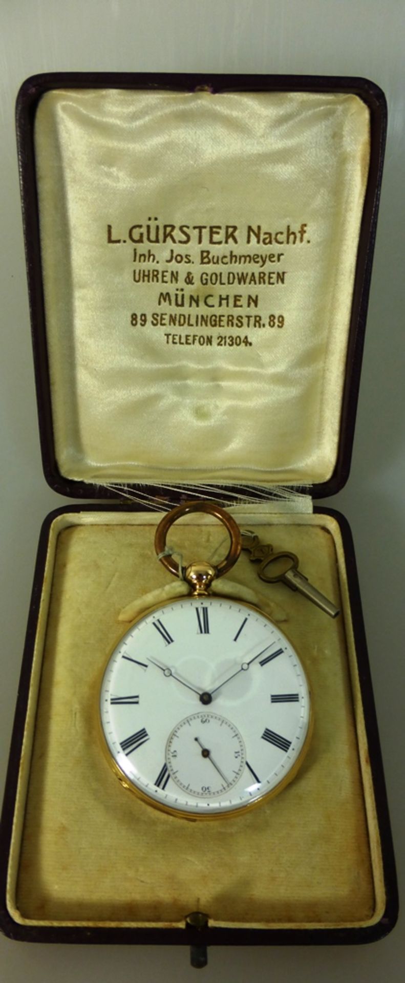 Goldtaschenuhr mit Schlüsselaufzug, bez. Treize, Gehäuse Feingehalt 750, gut erhaltenes