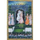 Großes Wandbild, Indien, 1.H.20.Jh., Tempera / Stoff, Krishna und die Gopis, im Vordergund