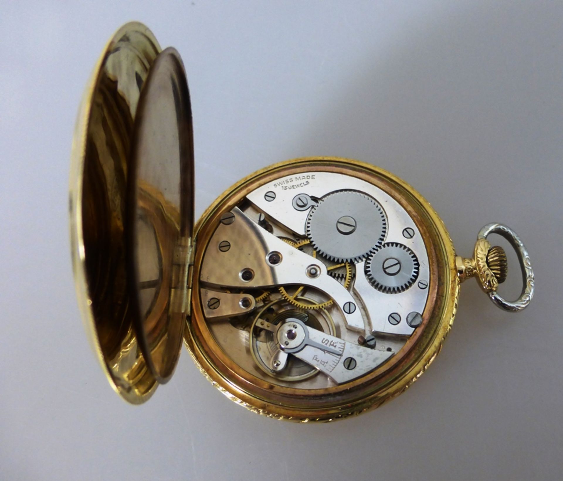Goldtaschenuhr, Chronometre Emel, mit Streifendekor verziertes Goldgehäuse, Feingehalt - Image 3 of 3