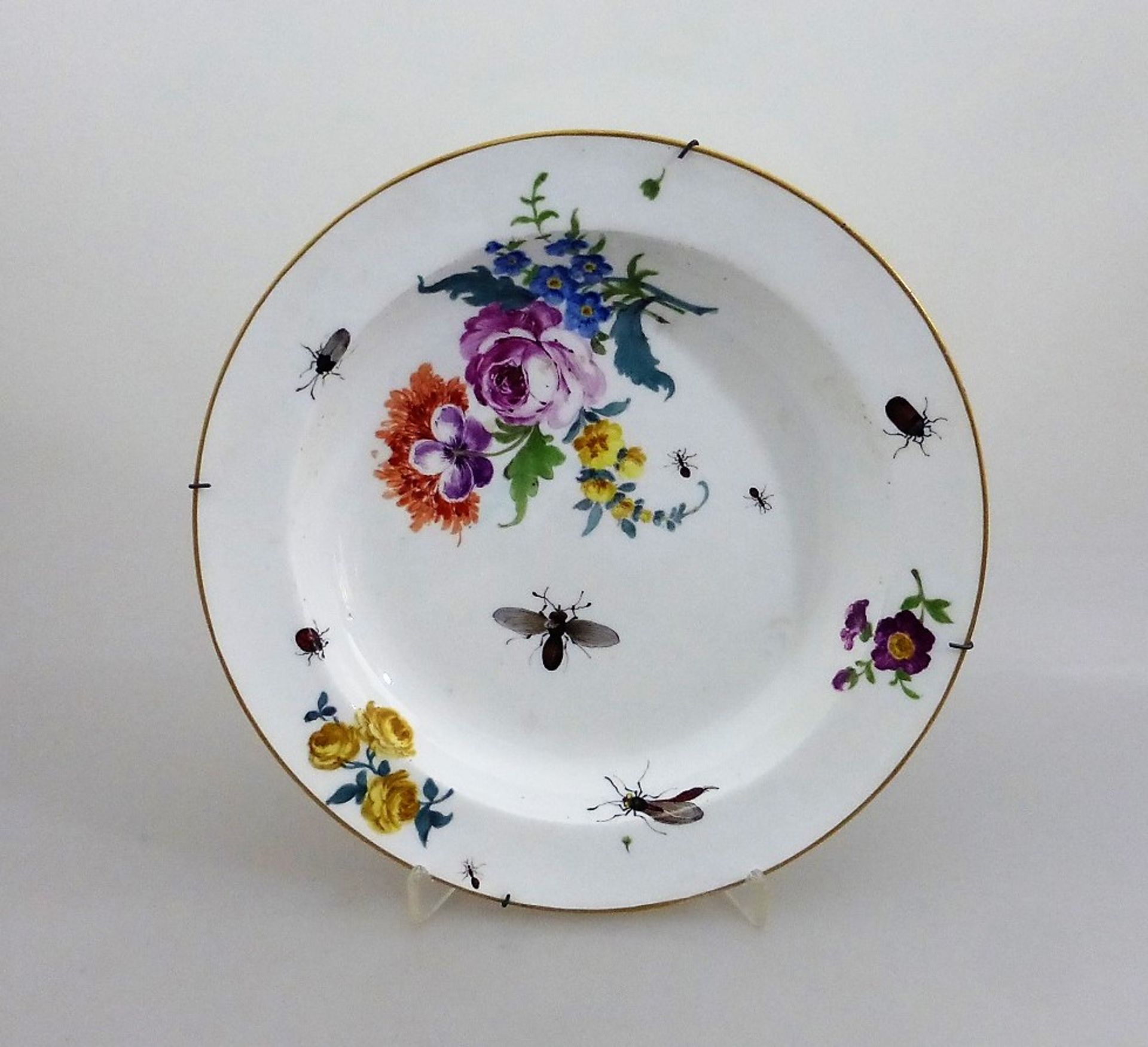 Meissen, Marcolini um 1760, Teller mit polychromer Insekten und Blumenmalerei, Goldrand,