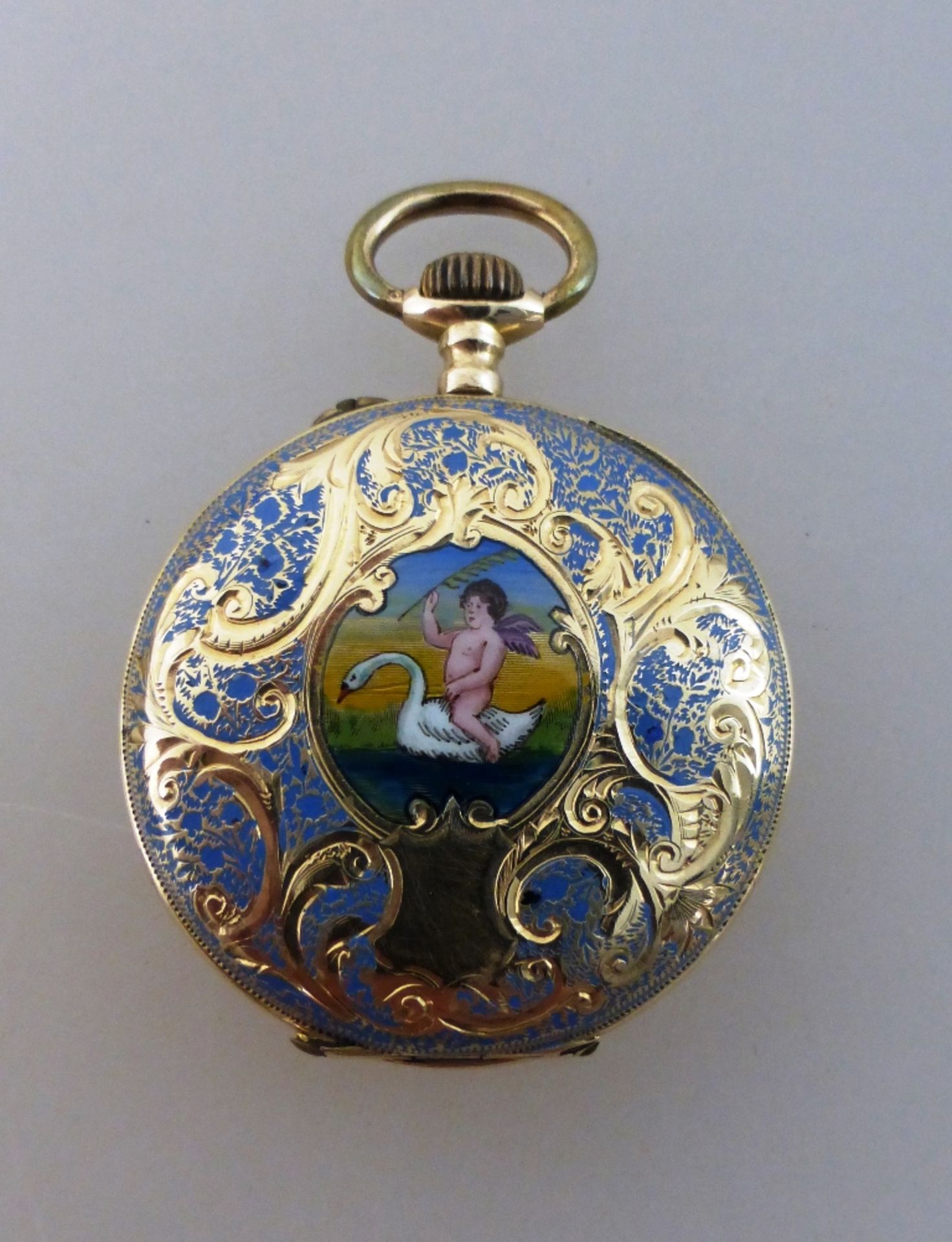 Gold-Emaille Damentaschenuhr, graviertes, mit emailliertem Blumendekor verziertes - Image 2 of 2