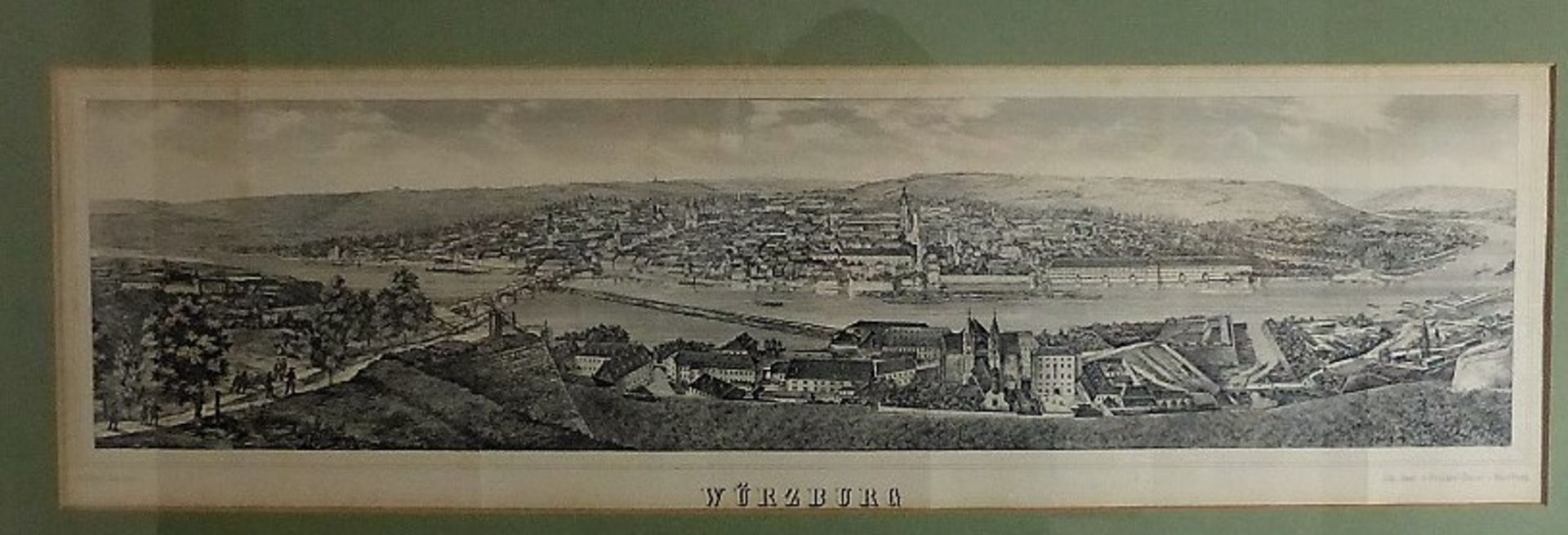 Schöner, Wilhelm, Lithographie 1852, Panoramaansicht der Stadt Würzburg mit dem Maintal