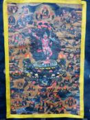 Thangka, Tibet um 1900, Tempera / Leinwand auf Stoff, mittig Vajravarahi (tantrische