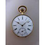 Goldtaschenuhr, Goldgehäuse Feingehalt 585, gut erhaltenes Zifferblatt mit röm. Zahlen,