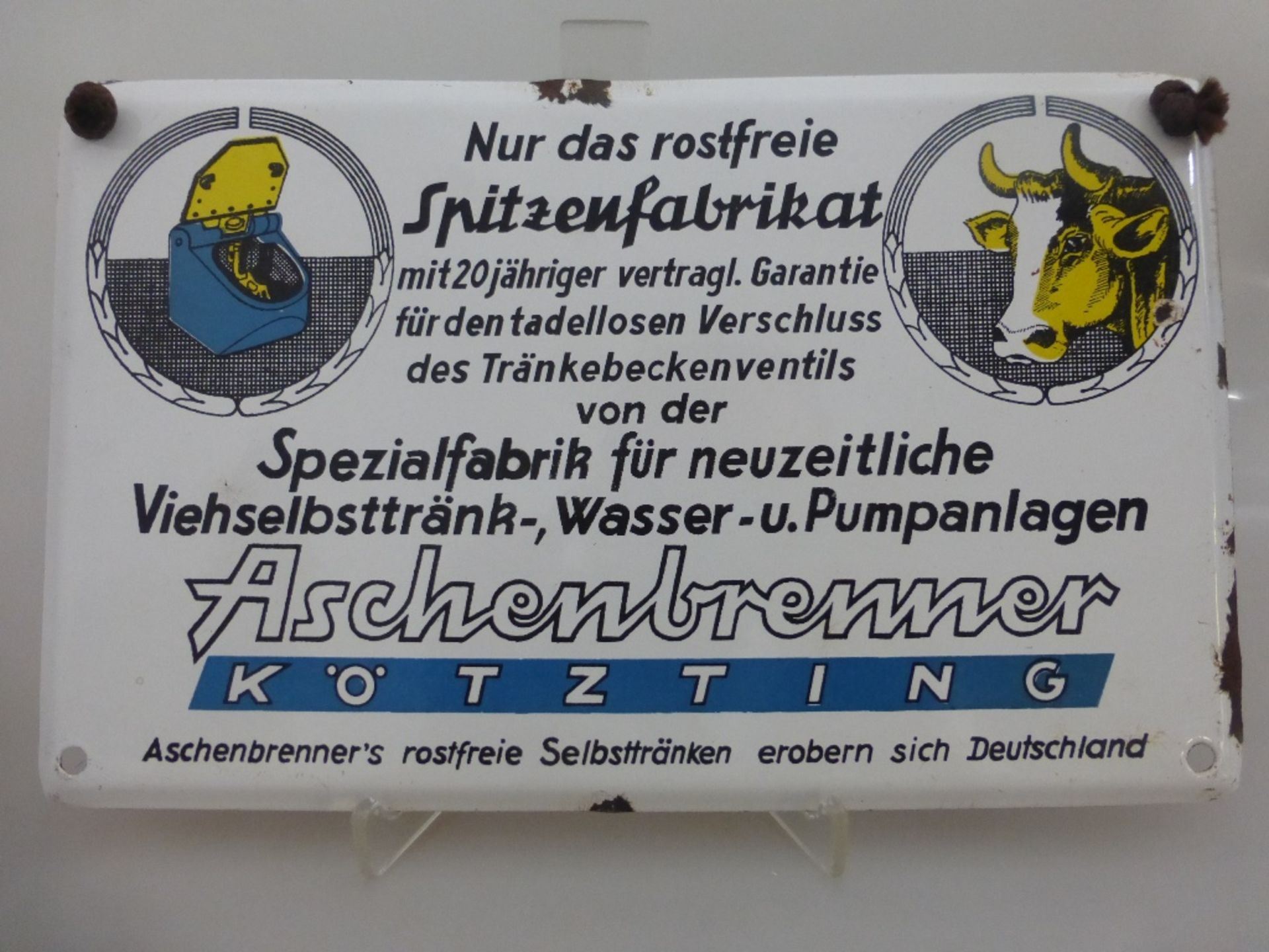 Reklameschild, "Aschenbrenner Kötzting", Emailleschild, 1950er Jahre, Spezialfabrik für