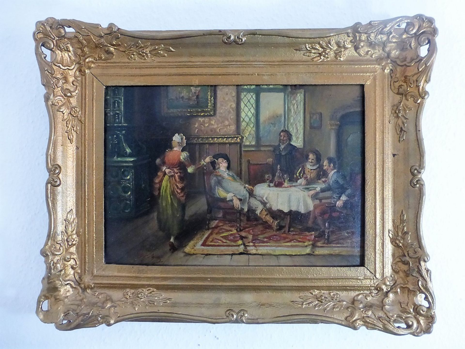 Gemälde um 1900, Öl/Hartfaser, "Gesellige Herrenrunde in einem Salonzimmer", li.u.