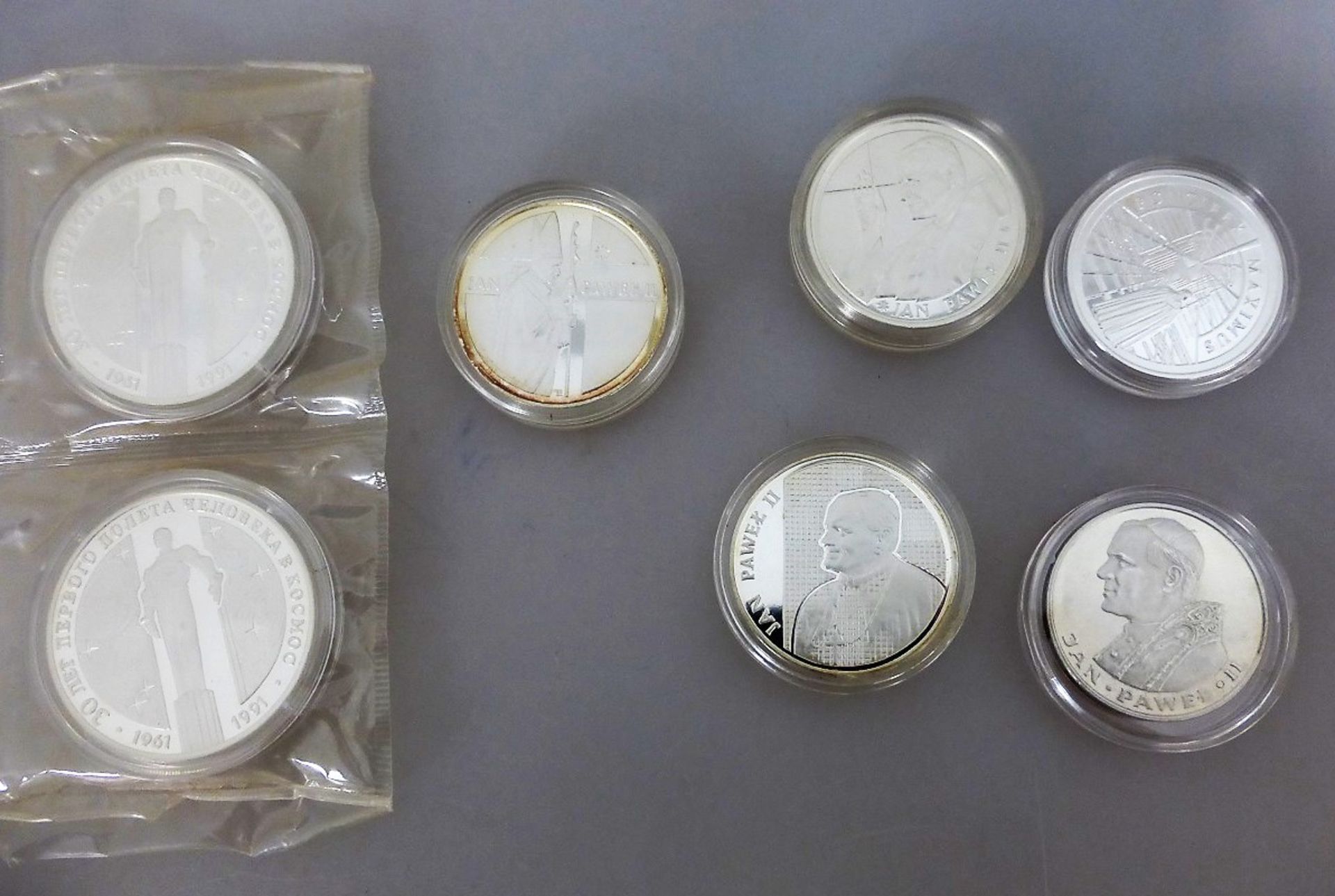 7 Silbermünzen Russland / Polen, 2x 3 Rubel Juri Gagarin 1991, Silber 900 / je 34,56g.,