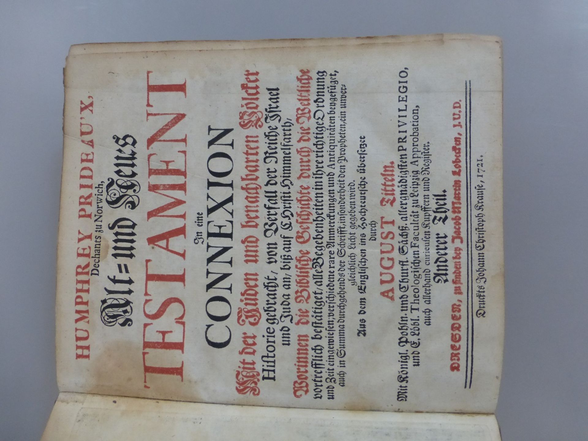 Bibel - Humphrey Prideaux - Alt- und Neues Testament, August Titteln, Dresden 1721, - Image 2 of 3