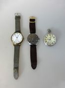 3 militärische Uhren, 2 Fliegeruhren bez. OMEGA (Zifferblatt besch., Glas fehlt, d. 47mm -