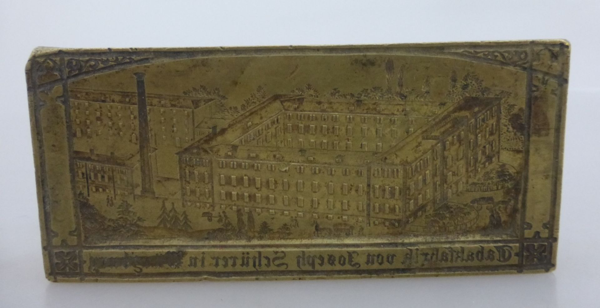 Seltene Druckplatte "Tabakfabrik von Joseph Schürer in Würzburg", Ansicht des