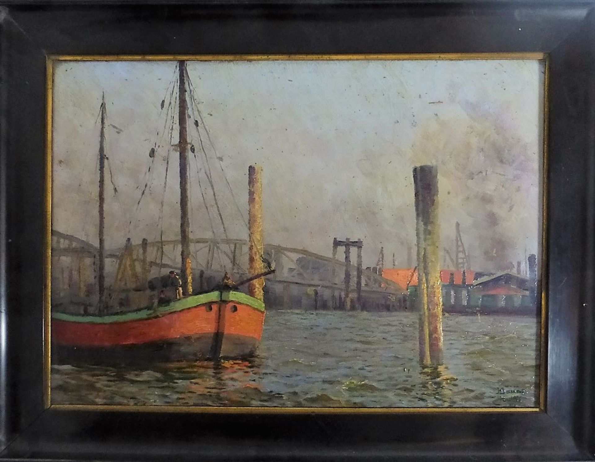 Bauer, H., deutscher Maler, Öl/Malplatte, Hamburger Hafen, re.u.sign. u. dat. 1911, min.