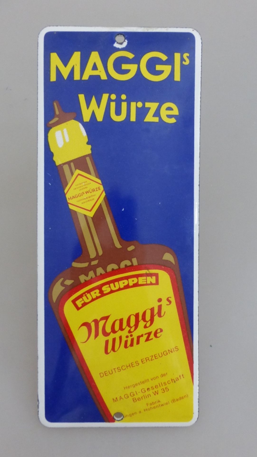 Reklame Türschild "Maggi's Würze", 18,5 x 7cm, Emaille, Abplatzer an oberen Loch, guter